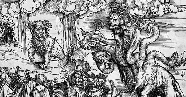 detail from The Revelation of St John: 12. The Sea Monster and the Beast with the Lamb's Horn, by Albrecht Dürer, 1497-1498.